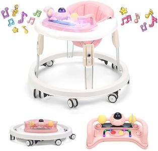 Baby Walker, Foldable Multi-Function Anti-Rollover Walker with Music Tray & Light, 7 Level Height Adjustable, Baby Walkers for 1 Year Olds Suitable for All Terrains (Pink)