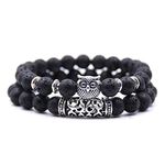 USUASI 2Pcs Charm Mens&Womens Beaded Bracelet Handmade Bead Lava Stone owl Head 8mm (Black)