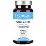 Collagen + Hyaluronic Acid + Q10 Hydrolysed Collagen Women Men + Vitamins A C D B12 Zinc - Skin Joints and Hair - High Strength Collagen Complex 60 Capsules - Nutralie