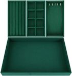 Belle Vous 4 Pack of Green Velvet Stackable Jewellery Organiser Storage Trays - 35.3 x 24.2cm/13.89 x 9.52 Inches - Drawer Display Boxes - Removable Sections for Necklaces, Rings, Bracelets & Earrings