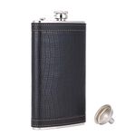 TANEAXON 12 oz Black Pocket Whiskey Liquor Leather Wrapped Flask with Funnel and Box - Stainless Steel and Leak Proof