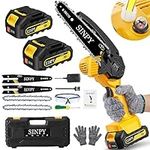 SINPY Mini Chainsaw Cordless 6 Inch with 2 Battery and Quick Charger, Electric Small Chain Saw with Oiler System and Security Lock for Wood Cutting Tree Trimming Gardening, Yellow