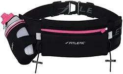 Fitletic Hydration Running Belt With 12oz Quick Flow Water Bottle For Men & Women –Race Belt, Gel Holders & Bib Toggles Patented Bounce Free Design, Water Resistant- Fits All Phones – Fully Loaded