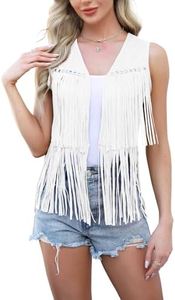 Anbech Women's Fringe Vest Cowgirls Sleeveless Tassel Jacket Faux Suede 70s Hippie Cardigan, White, Medium