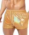 Casey Kevin Men's Metallic Shorts with Pockets Summer Reflective Rave Shorts Shiny Sparkly Party-Gold, L