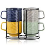 Adewnest Stackable Coffee Mugs with Rack : Ceramic Coffee Mugs Set of 4 for Latte/Cappuccino- Stable Stacking Coffee Cups with Stand - Colorful Stacked Tea Mugs for Home & Office - 13 oz