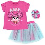 Sesame Street Elmo Abby Cadabby T-Shirt Tulle Skirt and Scrunchie 3 Piece Outfit Set Infant to Little Kid, Purple / Blue, 12 Months