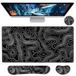 Uniqcasa Gaming Mouse Pad and Ergonomic Keyboard Mouse Wrist Rest(4 in 1),31.5x15.7in XXL Extended Mouse Pad with Wrist Support Set,Big Mousepad Computer Desk Mat for Gaming/Working(Black Topographic)