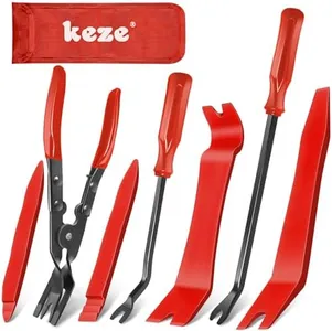 Keze 7 Pcs Auto Trim Removal Tool Kit for Car Panel Dashboard Door Clips and Upholstery with Plastic Pry Tool & Clip Pliers – No Scratch Design Professional Automotive Repair Tools Set, Red