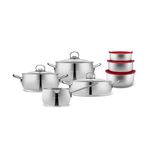 Karaca Stainless Steel Cookware Set 13-Piece, Storage Containers, Saucepan, Pot Set, Induction Kitchen Cooking Set for Daily Cooking, Elegant Silver Finish Pots and Pans Set