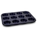 Zyliss 12 Hole Muffin Tray, Double Layer Non-Stick Baking Tray/Pan for Muffins/Cupcakes/Yorkshire Puddings, PFAS Free Durable Carbon Steel, Dark Blue, Dishwasher Safe