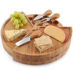 VonShef Bamboo Cheese Board, Circular Serving Tray with Stainless Steel Knife Set, Easy Clean Charcuterie Serving Board with Swivelling Knife Drawer & Gift Box