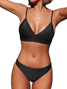 CUPSHE Traje de Baño de Dos Piezas Sólido Sexy con Triángulo para Mujer Negro,M