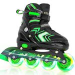 Adjustable Inline Skates for Boys, Boys Roller Skates for Kids Ages 8-12, Roller Skates with All Light up Wheels for Youth, Green