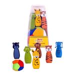 Desi Toys Bowling Game for Kids — Jungle Animal Themed | Multicolor | 6 Pins & 1 Soft Ball | Wooden Pins & Soft Ball | Classic Indian Toy | Fun Indoor Game for Toddlers | Made in India