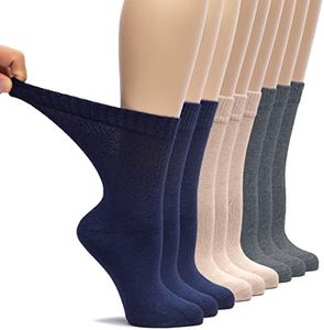 Hugh Ugoli Women's Rayon Loose Fit Diabetic Crew Socks, Seamless Toe & Non-Binding Top for Swollen Feet, Soft, Extra Wide and Stretchy, 9 Pairs, Navy Blue/Light Beige/Melange Grey, Shoe Size: 6-9
