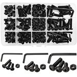 219 Pcs Round Head Nuts and Bolts M4 M5 M6 Threaded Button Head Hex Socket Screws Alloy Steel Allen Bolts Hexagon Button Mushroom Machine Screw Assortment Set Kit with Wrench (Black)