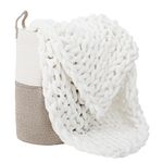 Bedfolks Chunky Knit Blanket Throw - White Jumbo Chenille Yarn 100% Hand Knit, Soft and Fluffy Chenille for Couch, Sofa, Bed, Home Decor, 50" x 60"