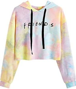 Idepet Women’s Casual Letters Print Crop Top Loose Pullover Friends Shirt Teen Girl TV Show Hoodie Sweatshit, Colorful Yellow, Small