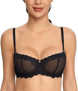 HACI Women's Lace Mesh Balconette Bra Sheer Demi Scoop Neck Push Up Plus Size Sexy Full Coverage Unlined Underwire Bras, Black, 10C