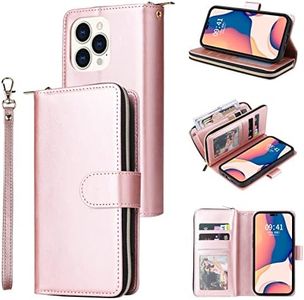 YocoverTech for iPhone 14 Pro Case, for iPhone 14 Pro Wallet Case[9 Card Slots+1 Cash Slot] PU Leather Stand Flip Zipper Wallet Cover[6.1 inch]-Rose Gold