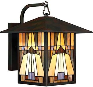 Quoizel TFIK8411VA Inglenook Exterior Lighting Tiffany Style Classic Geometric Handcrafted Orange Yellow Brown Art Glass Outdoor Wall Lantern, 1-Light 150 Watt, 14" H x 11" W, Valiant Bronze