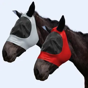 FOXLVDA 2 Pcs Horse Fly Mask with Ear Protection, Comfort-Fit Elastic Fabric, Full Face Coverage and Eye Protection from Insect Pests for Medium/Large Size Horses (Red/Gray, Large)