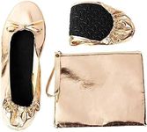 Gold Foldable Ballet Flats for Women, Roll Up Flats with Zipper Pouch, US Size 8.5-9.5