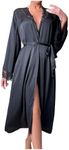 OYOANGLE Women's Satin Long Sleeve Bathrobe Lace Belted Bridesmaid Bride Party Robes Sleepwear Black X-Large