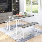 ModernLuxe Kitchen Dining Table and 2 Bench Set, Garden Bench. Grey Faux Marble Tabletop