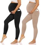 Happy.angel 2 Pack Maternity Leggings with Pockets Over The Belly, Womens Black Workout Yoga Pregnancy Pants Black/Nude-S