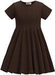 TriKalor Girls Dresses Short Sleeve Solid Color Skater Casual Twirly Dress with Pockets, Coffee, 4-5T