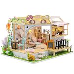 CUTEBEE Dollhouse Miniature with Furniture, DIY Wooden Dollhouse Kit Plus Dust Proof, Creative Room Idea(Cat Coffee Garden )