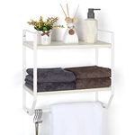 Bathroom Shelf with Towel Bar Towel Rack Wall Mounted Towel Shelf with Hooks, 2 Tier Towel Organizer Rustic for Bathroom Kitchen Living Room White