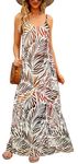 Supnier Women's Summer Maxi Dress Casual V-Neck Sleeveless Bohemian Spaghetti Strap Floral Long Maxi Dress with Pockets, Brown Leaf, M