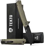 TEKTO F1 Alpha Folding Pocket Knife - Modified Straight Back Blade, Titanium Coated D2 Steel, Ideal for Outdoor Camping and Backpacking, Tactical G10 OD Green Handle, Blue Titanium Accents