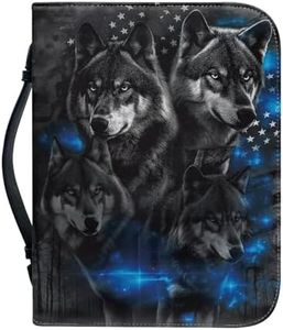 Leather Bible Cover for Men/UINDDWCB Bible Case/Book Carrying Case with Pen Slot-Church Bag for Boys,The Wolf Family and The American Flag,X-Large