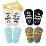 INNObeta Baby Socks Set with Funny Quotes (4 Pairs) Newborn/Infant Socks for Baby Shower, Gender Reveal, Christmas, New Parents – Anti Slip, Gift Box Included, 3-12 Months, Baby Boy