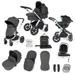 Ickle Bubba Stomp Luxe 12pc 3 in 1 Travel System with Nimbus i-Size Car Seat & ISOFIX Base, Baby Pram Pushchair with Carrycot, Birth to 22kg, Charcoal Grey/Black, Silver Chassis