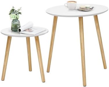 SONGMICS Mesa Auxiliar Redonda, Mesa Minimalista Moderna, Juego de 2 mesas de Café con Patas de Pino Macizas, Mesa Nido para Sala de Estar, Balcón, Blanco y Natural LET07WN