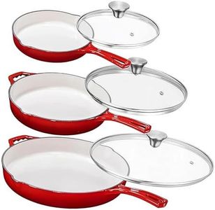 Enemeled Cast Iron 3 Piece Skillet Bundle. 12” + 10” + 8” Set - Cast Iron Frying Pans Heavy Duty Chef Quality Pan Cookware Set with Tempered Glass Lids & Silicone Sleeve, Red