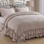 Masaca Taupe Ruffled Comforter Set for Queen Bed,3 Pieces Vintage Farmhouse Shabby Bedding Set Lightweight Ultra Soft French Country Bedding (1 Farmhouse Comforter +2 Pillowcases)