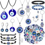 SAILIMUE 15Pcs Evil Eye Necklace for Women Men Evil Eye Bracelets Earring Ring Keychain Evil Eye Jewelry Hamsa Hand Pendant Turkish Protection Jewelry Set with 50Pcs Evil Eye Stickers