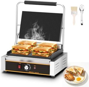 Popfoodex Commercial Panini Press - 2200W Electric Panini Sandwich Grill w/Nonstick Coating & Adjustable Temp, Panini Grill Press w/14"x9" Cooking Pan (Grooved Top & Flat Bottom), Double-sided Heating
