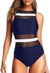 Holipick Women High Neck One Piece Swimsuits for Women Mesh Bathing Suits Open Back Swimwear, Blue and White, Small