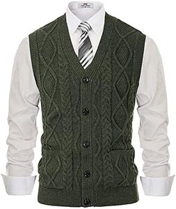 PJ PAUL JONES Men's Sweater Vest V-Neck Sleeveless Cable Knitted Cardigan Vest, Army Green, Large