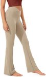 ODODOS Women's Cross Waist Bootcut Yoga Pants with Inner Pocket, Non See Through Bootleg Gym Workout Pants-Inseam 29", Shaker Beige, Large