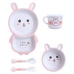 POLKA TOTS Eco Friendly Bamboo Fiber Cartoon Dinner Set, 5 Pcs Tableware Crockery Set For Weaning Toddler & Self Feeding Baby Utensil Set For Baby Kids (Bunny) - Peach