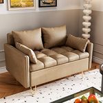 Assile 44”W Couches Loveseat Sofa, Faux Leather Button Tufted Upholstered Sofas with Lift-Up Storage Box and Gold Metal Leg, Foam Cushion Couches for Living Room in Light Brown