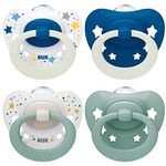 NUK Signature Day & Night Baby Dummy | 0-6 months | Soothes 95% of Babies | Heart-Shaped BPA-Free Silicone Soothers | Glow-in-the-Dark | Stars | 4 Count